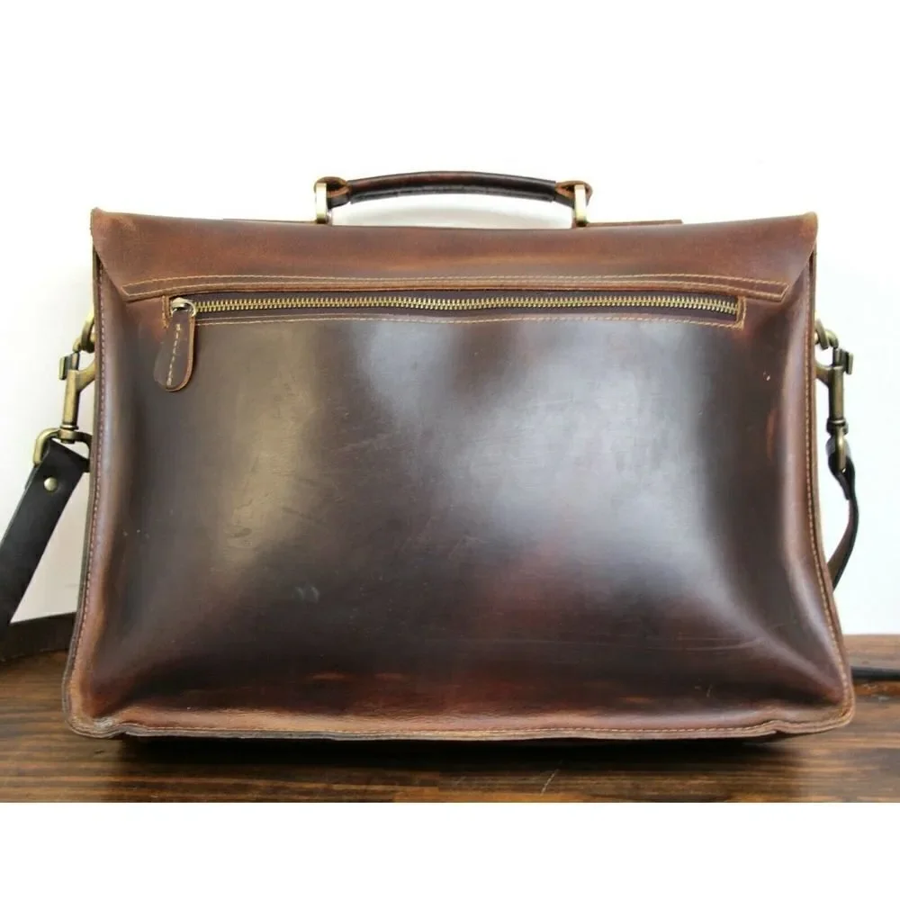 NATURAL WAX BROWN HEAVY GENUINE LEATHER BUSINESS SHOULDER BAG ATTACHE BRIEFCASE - Picture 5 of 11